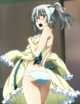 1girl bare_back bare_shoulders blue_eyes bluesy_fluesy bow breasts changing_clothes dress embarrassed female_focus grey_hair hair_bow hair_ribbon highres holding_dress holding_unworn_clothes legs long_hair long_skirt long_sleeves looking_at_viewer looking_back nude open_mouth panties peeking pink_bow pink_ribbon ponytail puffy_long_sleeves puffy_sleeves ribbon sexually_suggestive skirt small_breasts solo solo_focus taboo_tattoo teeth thighs underwear upper_teeth_only white_panties yellow_dress yellow_skirt