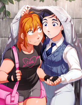 2girls aged_up bag black_gloves black_shirt black_shorts blue_eyes blue_hair blue_necktie blue_vest blush collared_shirt commentary english_commentary fingerless_gloves frogbians futari_wa_precure gloves hair_ornament hairclip handbag highres holding_hands jacket jacket_over_head long_hair long_sleeves medium_hair misumi_nagisa multiple_girls necktie open_clothes open_jacket orange_eyes orange_hair pink_bag precure rain shirt short_shorts short_sleeves shorts sweatdrop sweater_vest vest white_jacket white_shirt yukishiro_honoka yuri