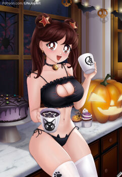 1girl :d absurdres artist_name bare_arms bare_shoulders bat_(animal) bat_ornament bell bikini bishoujo_senshi_sailor_moon black_bikini black_choker breasts bright_pupils cake cat_cutout cat_lingerie choker cleavage cleavage_cutout clothing_cutout collarbone commentary counter cowboy_shot cup cupboard cupcake decorations double_bun drink earrings english_commentary food frilled_bikini frills hair_bun hair_ornament halloween highres holding holding_cup indoors jack-o&#039;-lantern jewelry kitchen large_breasts lifejoyart looking_at_viewer luna_(sailor_moon) medium_hair moon mug navel neck_bell night open_mouth original patreon_username print_cup pumpkin sailor_moon sitting skull skull_ornament smile solo star_(symbol) star_earrings star_hair_ornament string_lights swimsuit thighhighs thighs twintails white_pupils white_thighhighs window
