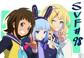 3girls animal_ears anime_coloring aqua_neckerchief blonde_hair blue_eyes blue_hair bow bowtie brown_hair clenched_teeth closed_mouth dark-skinned_female dark_skin fake_animal_ears highres hood hooded_jacket jacket kazamatsuri_ren_(shadowverse_flame) kuroneko_(0413) long_hair looking_at_viewer medium_hair multicolored_hair multiple_girls neckerchief one_eye_closed open_clothes open_jacket open_mouth otosaka_shion_(shadowverse_flame) pink_hair purple_eyes purple_hair purple_shirt rabbit_ears shadowverse shadowverse_(animated_series) shadowverse_flame shirt signature striped_bow striped_bowtie striped_clothes takanashi_tsubasa_(shadowverse_flame) teeth upper_body v white_shirt yellow_shirt