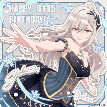 1girl armlet birthday black_dress blue_dress commentary_request copyright_notice corset dress feather_trim frills gold_trim hair_ornament happy_birthday jewelry leaf_hair_ornament long_hair looking_at_viewer mikoshiro_yukari official_art outstretched_arm pole_princess!! ponytail reaching signature smile snowflakes solo upper_body yellow_eyes
