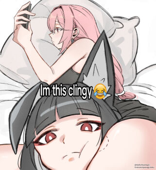 2girls animal_ears between_thighs bite_mark bite_mark_on_thigh black_hair commentary crying_emoji dailymiyanagi emoji fox_ears glasses head_between_thighs highres holding holding_phone hoshimi_miyabi i&#039;m_this_clingy_(meme) long_hair looking_at_phone looking_at_viewer meme multiple_girls on_bed phone pillow pink_hair red_eyes tsukishiro_yanagi white_background yuri zenless_zone_zero
