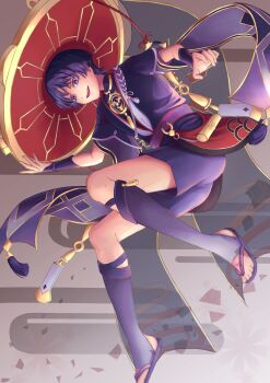 Rule 34 | 1boy, absurdres, arm at side, armor, black bodysuit, black kimono, black sleeves, blunt ends, bodysuit, commentary request, egasumi, fingernails, furisode, genshin impact, gold, gold trim, grey veil, hand up, hat, hazuki hachi, highres, japanese armor, japanese clothes, jewelry, jingasa, juban, kimono, kote, kurokote, layered sleeves, looking down, male focus, mandarin collar, mitsudomoe (shape), monochrome background, neck ring, o-ring, open clothes, open hands, open kimono, open mouth, purple eyes, purple hair, purple kimono, purple rope, purple sandals, purple sash, purple shorts, purple sleeves, red hat, red kimono, red sash, rope, sandals, sash, scaramouche (genshin impact), shimenawa, shorts, solo, stirrup legwear, tassel, teeth, toeless legwear, toenails, toes, tomoe (symbol), tongue, tsurime, upper teeth only, veil, white rope, wispy bangs, zouri