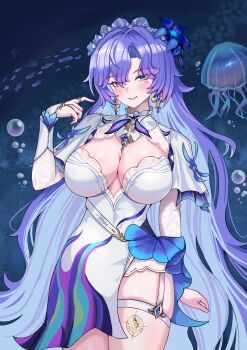 1girl absurdres blue_eyes blue_flower breasts bubble cantarella_(wuthering_waves) commentary cowboy_shot dress earrings facial_mark flower hair_between_eyes hair_flower hair_ornament hand_up headdress highres jellyfish jewelry large_breasts long_hair looking_at_viewer mark_under_eye mole mole_under_eye parted_lips purple_hair shrug_(clothing) smile solo thighhighs thighs vavamva very_long_hair white_dress white_shrug white_thighhighs wuthering_waves