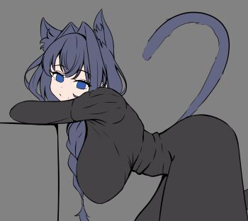 1girl animal_ear_fluff animal_ears bent_over black_dress blank_eyes blue_eyes blue_hair braid breasts cat_ears cat_girl cat_tail dot_nose dress grey_background hair_between_eyes hair_intakes hanging_breasts highres hololive hololive_english huge_breasts long_dress long_hair long_sleeves looking_at_viewer maid official_alternate_costume official_alternate_hairstyle ouro_kronii ouro_kronii_(maid) panpanmc4 smile solo tail victorian_maid virtual_youtuber