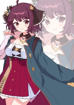 1girl absurdres ahoge atelier_(series) black_ribbon blush_stickers breasts brown_eyes brown_hair cleavage closed_mouth coat commentary cowboy_shot dot_nose dress flower frilled_dress frilled_ribbon frills green_coat hair_flower hair_ornament hair_ribbon hand_up highres large_breasts layered_sleeves long_sleeves looking_at_viewer masakamea open_clothes open_coat red_dress red_flower red_rose ribbon rose short_hair simple_background smile solo sophie_neuenmuller white_background zoom_layer