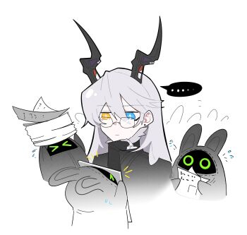 Rule 34 | + +, ..., 1girl, absurdres, bangboo (zenless zone zero), black coat, black horns, chinese commentary, closed mouth, coat, collared coat, commentary request, ear piercing, expressionless, flying sweatdrops, glasses, grey hair, hair between eyes, hendiurendelaodong, heterochromia, highres, holding, horns, long hair, long horns, non-humanoid robot, papers, piercing, robot, speech bubble, star-shaped pupils, star (symbol), sunbringer (zenless zone zero), symbol-shaped pupils, upper body, white background, zenless zone zero