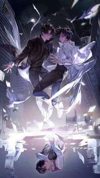 3boys bird black_coat black_hair black_pants black_shirt brown_vest building city coat curled_up different_reflection dove dual_persona falling full_body hugging_own_legs kim_dokja lens_flare looking_at_another moon multiple_boys night night_sky oldest_dream omniscient_reader&#039;s_viewpoint one_eye_closed outstretched_arms pants paper_stack pointing popped_collar rc_dec reflection road shirt short_hair sky socks street vest white_coat white_shirt white_socks yoo_joonghyuk