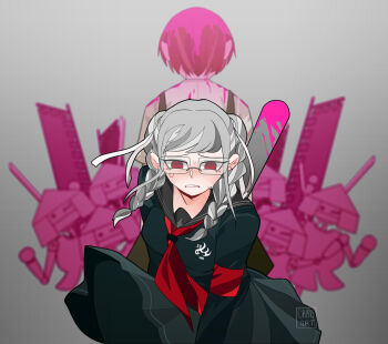 Rule 34 | 2girls, armband, ascot, back-to-back, baseball bat, black sailor collar, black serafuku, black shirt, black skirt, blood, blood in hair, blood on clothes, blood on helmet, braid, braided twintails, clenched teeth, commentary, cowboy shot, crest, crisisapocalyptical, danganronpa (series), danganronpa 2: goodbye despair, dress, english commentary, eyelashes, flag, floating clothes, glasses, green dress, grey background, grey hair, hair over shoulder, hair ribbon, koizumi mahiru, long hair, long sleeves, miniskirt, multiple girls, nervous sweating, pekoyama peko, pinafore dress, pink blood, pleated skirt, red armband, red ascot, red eyes, red hair, ribbon, robot, sad, sailor collar, samurai, school uniform, serafuku, shirt, short dress, short hair, short sleeves, signature, skirt, sleeveless, sleeveless dress, spoilers, straight-on, sweat, teeth, weapon, weapon on back, white ribbon, white shirt