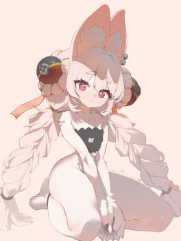 1girl animal_ear_fluff animal_ears braid bright_pupils highres long_hair looking_at_viewer nude pink_fur pink_hair popopupi rabbit_ears rabbit_girl red_eyes short_eyebrows solo thick_eyebrows twin_braids zenless_zone_zero zhao_(zenless_zone_zero)