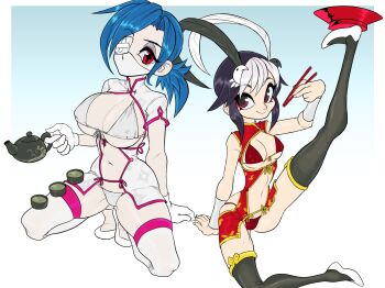 2girls black_hair blue_hair breasts china_dress chinese_clothes chopsticks cleavage cross-shaped_pupils dress eyepatch face_mask feathers feng_(skullgirls) gloves gluteal_fold green_tea hair_ornament highres large_breasts left-handed lingerie looking_at_viewer mask midriff multicolored_hair multiple_girls navel nurse on_floor one_eye_covered one_leg_raised plate ponytail red_eyes short_hair simple_background sitting skullgirls small_breasts squatting symbol-shaped_pupils tea tea_cup teapot teevo thighhighs two-tone_hair underwear valentine_(skullgirls) white_hair wrist_cuffs