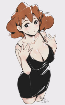1girl bare_shoulders black_dress breasts brown_hair cleavage collarbone crayon_shin-chan dress highres mature_female nohara_misae relaxjon simple_background solo standing thighs