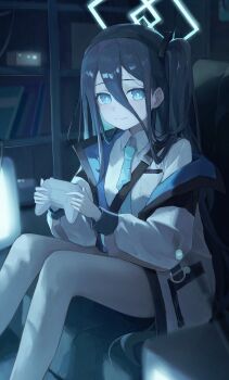 1girl absurdres aqua_eyes aqua_halo aqua_necktie aris_(blue_archive) baizhi blue_archive closed_mouth commentary_request controller feet_out_of_frame game_controller hair_between_eyes halo highres holding holding_controller holding_game_controller indoors jacket long_hair long_sleeves looking_at_viewer necktie off_shoulder school_uniform shirt side_ponytail sitting smile solo thighs very_long_hair white_jacket white_shirt