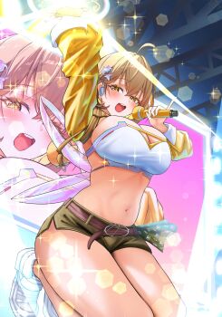 1girl anis_(nikke) anis_(star)_(nikke) arm_up bandeau bare_shoulders blush breasts brown_eyes brown_hair cat_hair_ornament cat_ornament chest_strap cleavage clothing_cutout da_kuronikorasu fingerless_gloves gloves goddess_of_victory:_nikke green_shorts hair_ornament highres holding holding_microphone idol idol_clothes large_breasts long_sleeves looking_at_viewer microphone midriff navel official_alternate_costume open_mouth short_hair short_shorts shorts shoulder_cutout shrug_(clothing) side_slit side_slit_shorts single_fingerless_glove smile solo thick_thighs thighs white_bandeau yellow_shrug