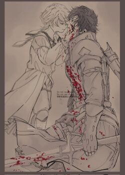 2boys armor armored_gloves blood blood_on_face brothers child clive_rosfield closed_mouth cohihikari crying facial_mark final_fantasy final_fantasy_xvi hair_between_eyes hand_on_another&#039;s_cheek hand_on_another&#039;s_face highres holding holding_sword holding_weapon joshua_rosfield light_smile multiple_boys shoulder_armor siblings spot_color sword tears weapon white_hair