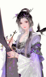 Rule 34 | 1girl, bird, black bird, black hair, calligraphy brush, chinese clothes, closed mouth, dress, flower, hair ornament, highres, holding, holding calligraphy brush, holding paintbrush, holding scroll, ibuki satsuki, jewelry, long hair, looking at viewer, nail polish, original, paintbrush, plant, purple dress, purple eyes, purple flower, red nails, scroll, simple background, solo, white background