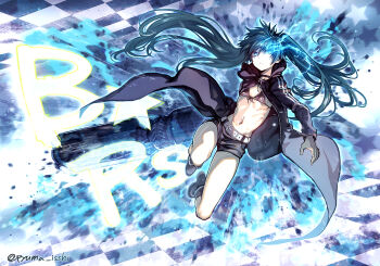 Rule 34 | 1girl, arm cannon, belt, bikini, bikini top only, black boots, black choker, black coat, black hair, black rock shooter, black rock shooter (character), black shorts, blue eyes, boots, character name, choker, closed mouth, coat, commentary, flaming eye, flat chest, floating hair, front-tie top, full body, gloves, groin, hair between eyes, highres, hood, hood down, hooded coat, isshi pyuma, knee boots, long hair, long sleeves, looking at viewer, navel, rock cannon, scar, scar on stomach, short shorts, shorts, sidelocks, solo, stomach, swimsuit, twintails, twitter username, uneven twintails, very long hair, weapon