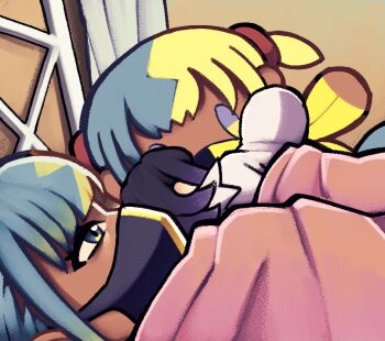 2girls 500_dollar_four_foot_tall_mareep_(meme) bed black_hair blonde_hair blue_hair canari_(pokemon) character_doll coat commentary dark-skinned_female dark_skin doll english_commentary gradient_hair gwynn_(pokemon) hugging_doll hugging_object kermittend mask meme mouth_mask multicolored_hair multiple_girls nintendo on_bed pokemon pokemon_legends:_z-a purple_hair two-tone_hair white_coat yuri
