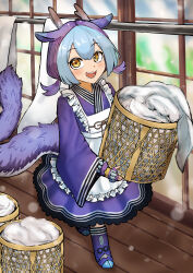 Rule 34 | 1girl, absurdres, adeshi (adeshi0693119), apron, basket, blanket, blue dress, blue hair, commentary request, dragon girl, dragon horns, dragon tail, dress, duel monster, frilled apron, frills, full body, highres, holding, holding basket, horns, laundry, laundry basket, laundry dragonmaid, looking at viewer, maid, medium hair, smile, solo, tail, wa maid, yellow eyes, yu-gi-oh!