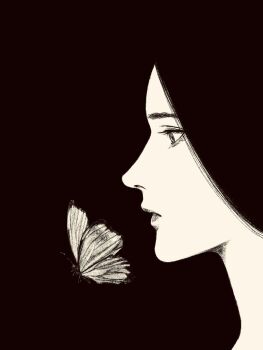1girl animal black_background black_hair bug butterfly from_side greyscale highres insect long_hair looking_at_animal looking_to_the_side monochrome original tp_p_pt