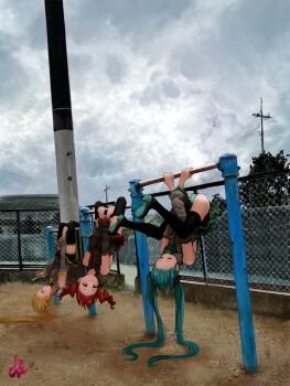 3girls accidental_exposure akita_neru aqua_hair aqua_necktie aqua_panties bike_shorts bike_shorts_under_skirt black_skirt black_sleeves black_thighhighs blonde_hair chain-link_fence closed_eyes commentary_request detached_sleeves fence forehead grey_shirt grey_sky grey_sleeves hatsune_miku highres horizontal_bar hylran0427 kasane_teto long_hair looking_at_another medium_hair multiple_girls necktie outdoors panties pantyshot ponytail power_lines red_eyes red_hair shirt signature skirt sky sleeveless sleeveless_shirt smile striped_clothes striped_panties thighhighs twintails underwear utau v_arms vocaloid white_panties