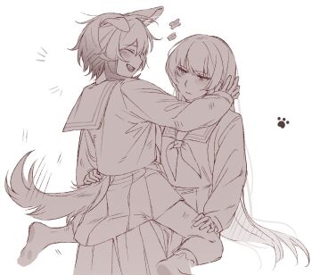 2girls animal_ears closed_eyes closed_mouth dog_ears dog_girl dog_tail hand_on_another&#039;s_leg hand_on_another&#039;s_waist heihuamu1 kemonomimi_mode long_hair mahou_shoujo_no_majo_saiban monochrome multiple_girls neckerchief nikaido_hiro notice_lines open_mouth paw_print pleated_skirt sailor_collar sakuraba_ema school_uniform serafuku sitting sitting_on_lap sitting_on_person skirt smile tail tail_wagging yuri