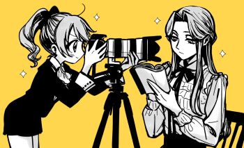 2girls blush book bow camera forehead greyscale_with_colored_background hair_bow highres holding holding_book holding_camera idolmaster idolmaster_cinderella_girls konnong long_hair long_sleeves medium_hair multiple_girls neck_ribbon ponytail profile reading ribbon script shiina_noriko simple_background sitting smile sparkle taking_picture very_long_hair yellow_background zaizen_tokiko zoom_lens