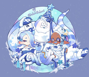1boy 22nyk2s70 2girls alternate_costume artist_name big_man_(splatoon) blue_background blue_bow blue_bowtie blue_dress blue_gloves blue_hair blue_mittens blue_pantyhose blue_ribbon blue_shawl blue_thighhighs blue_tongue bow bowtie box bright_pupils cake_on_head capelet cephalopod_eyes chibi chibi_only christmas closed_mouth colored_extremities colored_eyelashes colored_tongue commentary_request dark-skinned_female dark_skin dress earrings fangs food food_on_head frye_(splatoon) fur-trimmed_capelet fur-trimmed_dress fur-trimmed_shawl fur-trimmed_sleeves fur_trim gift gift_box gloves gradient_gloves gradient_pantyhose gradient_thighhighs hair_bow hair_ornament hair_over_one_eye holding holding_gift holding_ribbon horizontal_pupils inkling jewelry long_eyelashes long_pointy_ears looking_at_viewer manta_ray medium_hair mittens multicolored_eyes multiple_earrings multiple_girls nintendo no_shoes object_on_head octoling one_eye_covered open_mouth pantyhose pointy_ears purple_eyes red_eyes ribbon shawl shiver_(splatoon) smile splatoon_(series) splatoon_3 split_mouth star-shaped_pupils star_(symbol) strapless strapless_dress symbol-shaped_pupils tentacle_hair thighhighs tooth_earrings twitter_username two-tone_eyes white_capelet white_dress white_gloves white_pantyhose white_pupils white_thighhighs x_hair_ornament yellow_eyes yule_log_(cake)