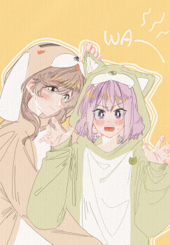 Rule 34 | 2girls, amaori renako, animal costume, blush, brown eyes, brown hair, claw pose, commentary, dog costume, highres, long hair, looking at viewer, medium hair, mou liang, multiple girls, onesie, open mouth, pink hair, purple eyes, sena ajisai, smile, sweat, watashi ga koibito ni nareru wake naijan murimuri!, yellow background