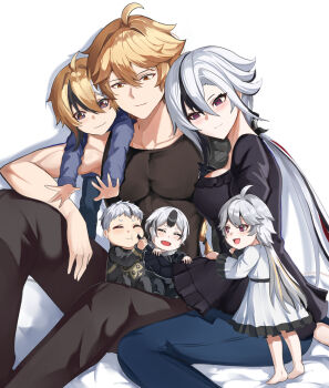 Rule 34 | 3boys, 3girls, abs, absurdres, aether (genshin impact), arlecchino (genshin impact), black dress, black eyes, black hair, black pants, black shirt, blonde hair, blue pants, closed eyes, dress, family, father and daughter, father and son, genshin impact, highres, if they mated, long hair, mother and daughter, mother and son, multiple boys, multiple girls, open mouth, pants, red eyes, shirt, short hair, sitting, tian kazuki, white hair, yellow eyes