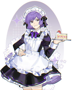 1boy apron bishounen black_dress cake crossdressing crossdressing_(mtf) dress food garma_zabi gundam hand_on_own_hip highres kucha_(ynn6c) maid maid_apron maid_headdress mobile_suit_gundam purple_hair short_hair solo sparkle strawberry_shortcake white_apron white_headdress