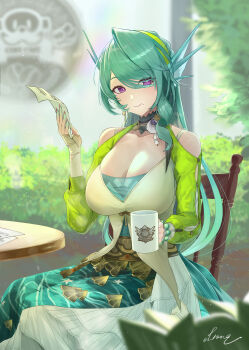 1girl absurdres bare_shoulders bracelet breasts cecilia_(zenless_zone_zero) chair cleavage closed_mouth clothing_cutout collarbone commentary_request cup drinking_glass fins green_hair green_hairband green_shrug hair_over_one_eye hairband head_fins highres holding holding_cup holding_paper jewelry large_breasts long_hair looking_at_viewer mole mole_on_collarbone on_chair p_ryong paper purple_eyes seahorse_girl shoulder_cutout shrug_(clothing) sitting smile solo table zenless_zone_zero