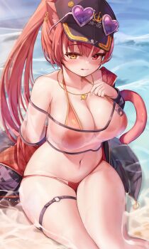 1girl :q absurdres animal_ears bare_shoulders bikini bikini_under_clothes black_headwear breasts cat_ears cat_tail crop_top deaver frilled_thigh_strap heart heart_necklace heterochromia highres hololive houshou_marine houshou_marine_(summer) jewelry kemonomimi_mode large_breasts looking_at_viewer midriff navel necklace o-ring o-ring_thigh_strap off-shoulder_shirt off_shoulder ponytail red_bikini red_eyes red_hair see-through_clothes shirt short_sleeves sitting solo stomach swimsuit tail thigh_strap tongue tongue_out virtual_youtuber wet wet_clothes wet_shirt white_shirt yellow_eyes