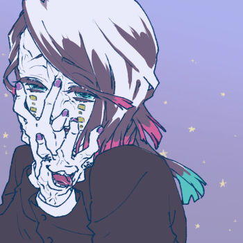 1boy asymmetrical_bangs black_jacket buttons colored_tips commentary_request crazy crazy_smile demon_boy enmu_(kimetsu_no_yaiba) facial_mark finger_tattoo green_eyes hands_on_own_face jacket kanji_tattoo kimetsu_no_yaiba long_sleeves male_focus medium_hair misplaced_mouth multicolored_hair multiple_boys narrowed_eyes open_mouth own_hands_together pale_skin purple_background purple_nails smile solo sosoyuimo star_(symbol) star_symbol_background suit_jacket symbol-shaped_pupils tattoo tears_facial_mark teeth tongue tongue_out trap undershirt upper_body veins veiny_face veiny_hands
