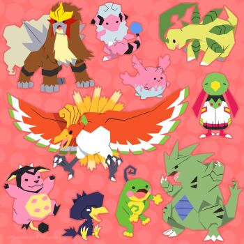 Rule 34 | :>, bayleef, claws, closed mouth, commentary, corsola, dotted background, english commentary, entei, fangs, flaaffy, full body, gen 2 pokemon, highres, ho-oh, instagram username, legendary pokemon, miltank, murkrow, nintendo, no humans, open mouth, outline, pink background, pink outline, pokemon, pokemon (creature), pokemon focus, politoed, sitting, smile, spiffychicken, tyranitar, xatu
