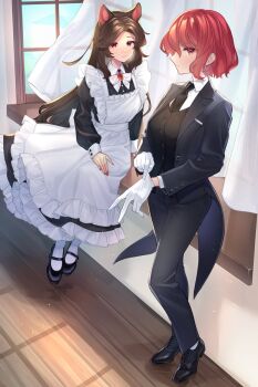 2girls alternate_costume animal_ears apron black_dress black_jacket black_necktie black_pants black_shoes black_vest breast_pocket brooch brown_hair buttons coattails collared_shirt colored_eyelashes commentary_request curtains dress gem gloves highres horikawa_raiko imaizumi_kagerou indoors jacket jewelry light_blush light_particles long_hair long_sleeves maid_apron mary_janes multiple_girls necktie pants pocket profile red_eyes red_gem red_hair red_nails shirt shoes short_hair sitting smile socks tailcoat touhou vest wankosoba_(wanwan_soba) white_gloves white_shirt white_socks window wolf_ears