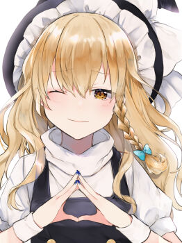 1girl absurdres black_hat black_vest blonde_hair blue_bow blue_nails bow braid closed_mouth commentary_request hair_bow hat hat_bow highres kirisame_marisa long_hair looking_at_viewer minatsuki_yurara one_eye_closed own_hands_together side_braid simple_background single_braid smile solo steepled_fingers touhou vest white_background white_bow witch_hat yellow_eyes