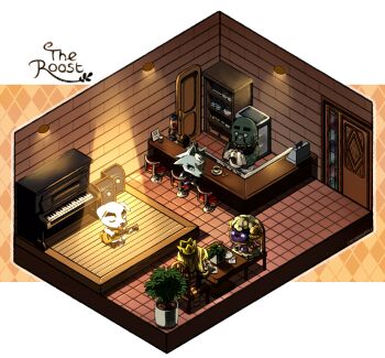 Rule 34 | 2boys, 3girls, acoustic guitar, animal crossing, argyle background, argyle clothes, artist name, bag, bar stool, bird, black bow, black bowtie, blonde hair, bow, bowtie, box, brewster (animal crossing), brown background, cash register, chair, character request, cleaning, closed eyes, closed mouth, coffee, coffee maker, commentary, counter, crown, cup, curled horns, diorama, dog, door, drinking glass, english commentary, facial hair, furry, furry female, furry male, glasses, guitar, highres, holding, holding cup, holding instrument, holding towel, horns, in-universe location, indoors, instrument, isometric, jar, k.k. slider (animal crossing), medium hair, menu, mug, multiple boys, multiple girls, music, mustache, napkin, nintendo, open mouth, piano, pigeon, plant, plate, playing instrument, potted plant, round eyewear, sanaknim, scarf, scenery, sheep, sheep horns, shelf, simple background, sitting, smile, speaker, spoon, spotlight, stage, standing, stool, swivel chair, table, tile floor, tiles, towel, upright piano, vesta (animal crossing), white background, whitney (animal crossing), wolf