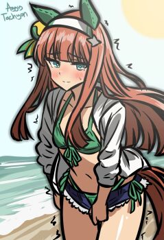 1girl aggytachyon alternate_costume artist_name beach bikini blue_shorts blush closed_mouth collarbone commentary cowboy_shot ear_covers embarrassed english_commentary flat_chest front-tie_bikini_top front-tie_top green_bikini green_eyes hair_ornament highres long_hair long_sleeves navel orange_hair outdoors shirt shorts side-tie_bikini_bottom silence_suzuka_(umamusume) solo sun swimsuit umamusume unbuttoned unbuttoned_shirt white_shirt