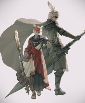 24b 2boys absurdres animal_ears black_gloves black_robe brown_sandals cape cat_boy cat_ears closed_mouth coat commission crystal crystal_exarch double-parted_bangs eyepatch final_fantasy final_fantasy_xiv g'raha_tia gloves grey_cape grey_coat grey_hair hair_between_eyes hand_up highres hood hood_down hooded_robe long_sleeves looking_at_viewer male_focus miqo'te multiple_boys rabbit_boy rabbit_ears red_eyes red_hair robe sandals second-party_source short_hair simple_background warrior_of_light_(ff14) white_background