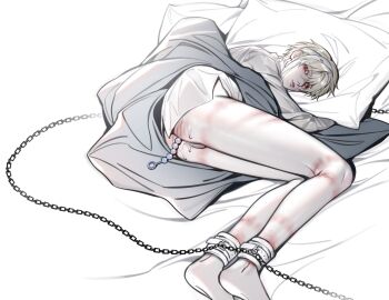 1boy anal_beads ankle_cuffs bandaged_hand bandages bruise chain cuffs full_body head_on_pillow highres injury looking_at_viewer lying male_focus no_pants on_bed on_side original pillow red_eyes sex_toy shackles shinku_syrup shirt short_hair solo under_covers white_hair white_shirt