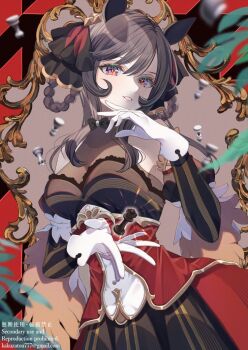 1girl animal_ears bishop_(chess) black_dress blush braid braided_hair_rings breasts brown_hair chess_piece cleavage detached_sleeves dress ear_covers ear_ornament gentildonna_(regina_dei_fiori)_(umamusume) gentildonna_(umamusume) gloves gogat8 hair_between_eyes hair_ornament hair_rings horse_ears horse_girl horse_tail large_breasts long_hair looking_at_viewer parted_lips pawn_(chess) queen_(chess) red_eyes rook_(chess) see-through_cleavage see-through_clothes smile solo tail umamusume white_gloves
