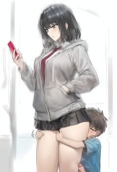 1boy 1girl absurdres age_difference ass bar_censor black_hair blush breasts censored clothed_sex erection groping heart highres holding holding_phone huge_breasts kikyou_(pixiv_id_119329424) leg_grab long_hair open_mouth original penis phone rubbing short_hair shota size_difference
