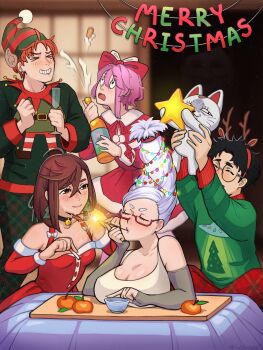 >_< 2girls 4girls absurdres antlers ayase_momo ayase_seiko bare_shoulders bell black_choker black_hair blurry blurry_background blush bottle bow breast_rest breasts breasts_on_table brown_eyes brown_hair cat choker christmas christmas_lights christmas_ornaments christmas_sweater christmas_tree_earrings cleavage closed_eyes closed_mouth commentary dandadan detached_sleeves dress earrings english_commentary enjoji_jin fake_antlers fireworks food fruit fur-trimmed_dress fur-trimmed_sleeves fur_trim glasses grandmother_and_granddaughter green_sweater grey_sleeves hair_bow hair_up hat highres holding holding_bottle holding_star horns jewelry large_breasts lifting_animal long_hair looking_at_another mandarin_orange maneki-neko medium_breasts merry_christmas mouth_hold multiple_girls neck_bell open_mouth pink_hair pom_pom_(clothes) red_bow red_dress red_sleeves reindeer_antlers round_eyewear shiratori_aira_(dandadan) short_hair sitting smile sparkler standing star_(symbol) sweater takakura_ken_(dandadan) tank_top tatjasng12 turbo_granny_(dandadan) white_hair white_tank_top