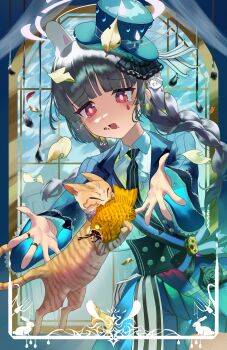 1girl absurdres alternate_costume animal_ears black_hair blue_archive blunt_bangs braid cat commentary fake_animal_ears fish hair_ornament hat highres jewelry kenka_(user_hrjm2543) leaf leaf_on_head long_hair miyu_(blue_archive) necktie open_mouth red_eyes ring solo striped_clothes striped_necktie top_hat vertical-striped_clothes vertical-striped_necktie