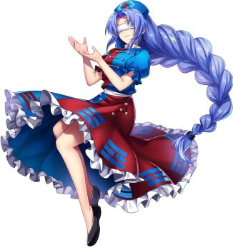 1girl alternate_hair_color black_shoes blue_dress blue_hair braid closed_mouth constellation constellation_print cross dress frilled_dress frills game_cg hat highres long_hair nurse_cap official_art puffy_short_sleeves puffy_sleeves red_cross red_dress rotte_(1109) shoes short_sleeves smile solo third-party_source touhou touhou_lostword transparent_background trigram two-tone_dress very_long_hair yagokoro_eirin
