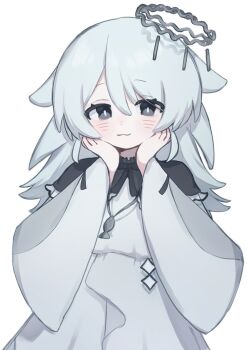 Rule 34 | 1girl, :3, arazan (ara arazan24), black capelet, black eyes, black ribbon, capelet, commentary request, commission, dress, eyes visible through hair, fish necklace, frilled capelet, frills, grey halo, half-skirt, halo, hands on own cheeks, hands on own face, indie virtual youtuber, long hair, manta ray girl, minato ray, neck ribbon, ribbon, simple background, skeb commission, smile, solo, swept bangs, tilted halo, virtual youtuber, wavy eyes, white background, white dress, white hair, white overskirt, wide sleeves