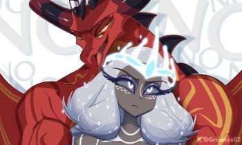 1boy 1girl :d absurdres artist_name colored_sclera colored_skin dark-skinned_female dark_skin demon_boy dragon_boy glowing glowing_eyes gradient_hair grey_hair grey_sclera grimmie02 halo hazbin_hotel hellaverse helluva_boss highres long_hair multicolored_hair muscular muscular_male open_mouth orange_sclera red_skin satan_(helluva_boss) sera_(hazbin_hotel) smile tongue white_background