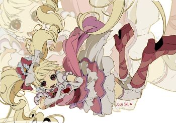 1girl absurdres aisaki_emiru blonde_hair blunt_bangs boots bow bowtie brooch character_name collared_dress cure_macherie diamond_brooch dot_nose dress drill_hair falling floating_clothes floating_hair frilled_dress frilled_footwear frilled_headwear frilled_sleeves frills full_body fur_hat gloves happy hat hat_bow heart heart_hands high_heel_boots high_heels highres hugtto!_precure jewelry knee_boots lace lace-trimmed_thighhighs lace_trim long_hair looking_at_viewer lower_teeth_only magical_girl makeup mascara mini_hat open_mouth outline pink_dress precure puffy_short_sleeves puffy_sleeves pumps red_boots red_bow red_bowtie red_eyes shipu_(gassyumaron) short_dress short_sleeves signature smile solo tareme teeth thighhighs train_(clothing) twin_drills twintails very_long_hair white_background white_gloves white_hat white_sleeves white_thighhighs zoom_layer