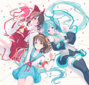 3girls aqua_eyes aqua_hair aqua_nails aqua_necktie aqua_skirt aqua_trim arm_up ascot bare_shoulders black_sleeves blue_sailor_collar bob_cut boots bow breasts brown_hair collar collarbone collared_shirt commentary crop_top detached_sleeves feet_out_of_frame frilled_bow frilled_collar frilled_hair_tubes frilled_shirt_collar frilled_skirt frills grey_shirt hair_between_eyes hair_bow hair_ornament hair_tubes hairband hakurei_reimu hatsune_miku headphones japanese_clothes long_hair long_sleeves lying medium_breasts medium_hair midriff miko miniskirt multiple_girls necktie on_back orange_eyes orange_hairband pleated_skirt red_bow red_eyes red_ribbon red_shirt red_skirt reia ribbon ribbon-trimmed_sleeves ribbon_trim sailor_collar school_uniform serafuku shirt sidelocks skirt skirt_set sleeveless sleeveless_shirt sleeves_past_wrists suzumiya_haruhi suzumiya_haruhi_no_yuuutsu symbol-only_commentary thigh_boots thighhighs touhou twintails very_long_hair vocaloid white_serafuku white_sleeves wide_sleeves yellow_ascot zettai_ryouiki